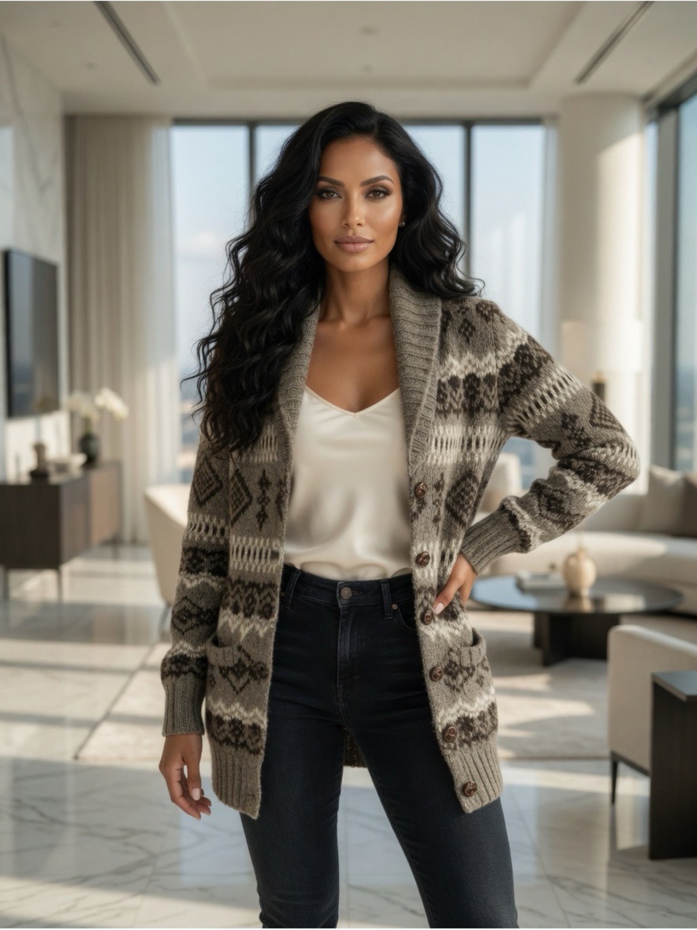 Shawl-Collar Fair Isle Cardigan Sweater in Taupe and Cream